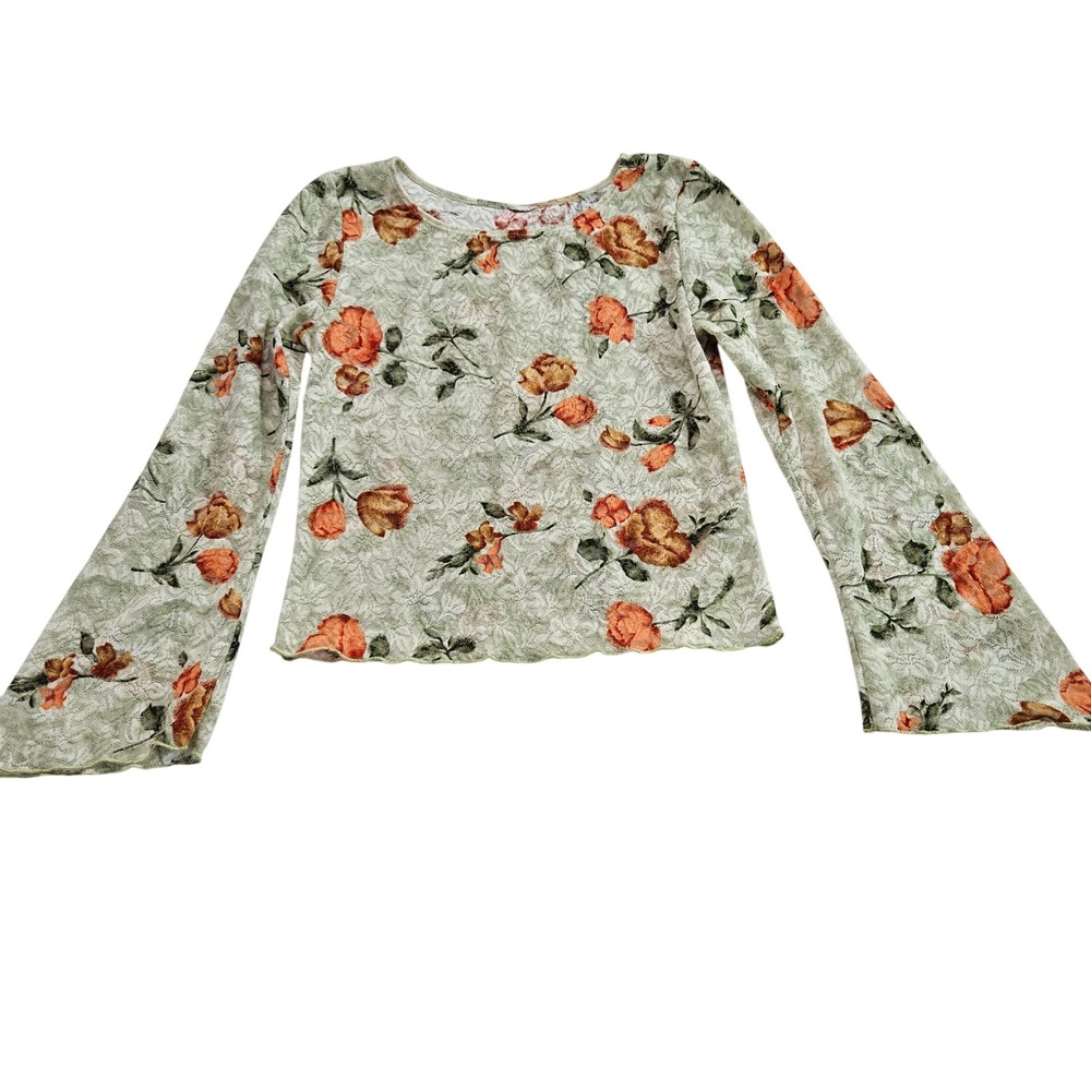 Womens Sheer Mesh Lace Floral Fairycore Boho Ethereal Bell Sleeve Top Sz M